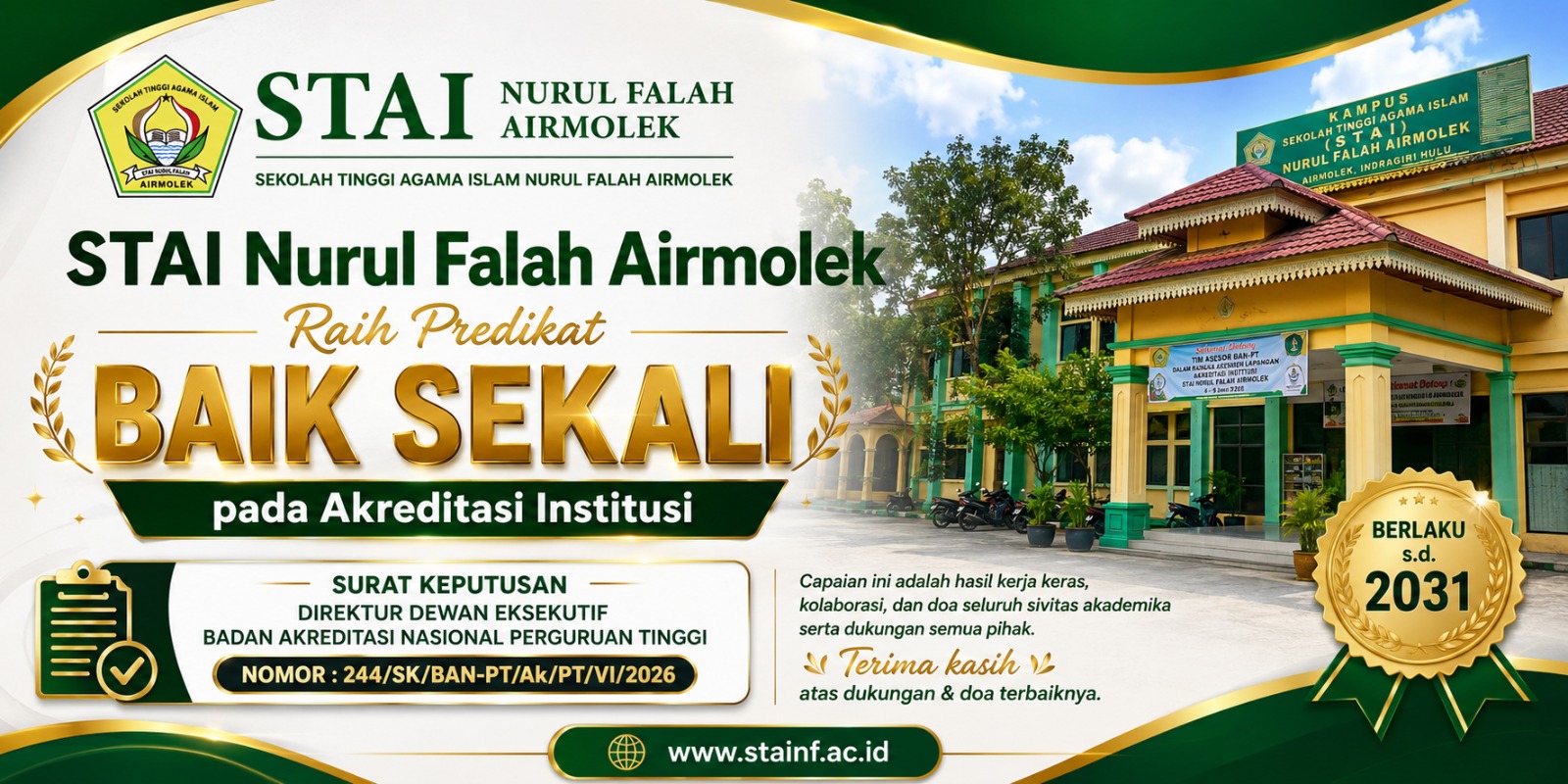 STAI Nurul Falah Airmolek Raih Predikat Baik Sekali pada Akreditasi Institusi
