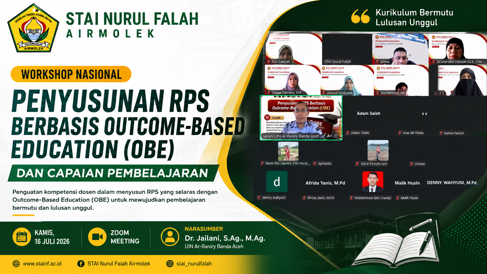 STAI Nurul Falah Airmolek Gelar Workshop Nasional Penyusunan RPS Berbasis Outcome-Based Education (OBE) STAI Nurul Falah Airmolek Gelar Workshop Nasional Penyusunan RPS Berbasis Outcome-Based Education (OBE)